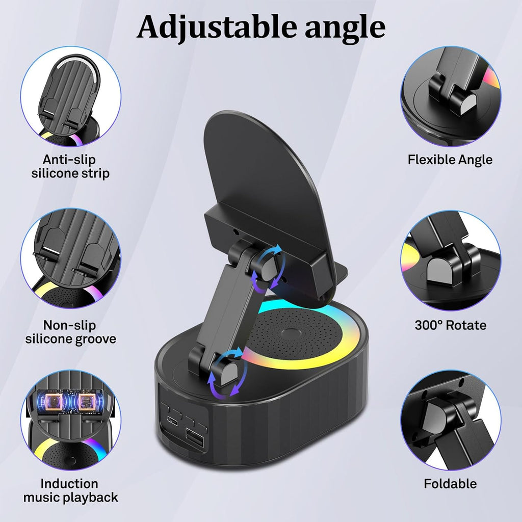 3000mAh Wireless Induction Bluetooth Speaker with Phone Stand, Ambient Light and Emergency Charging