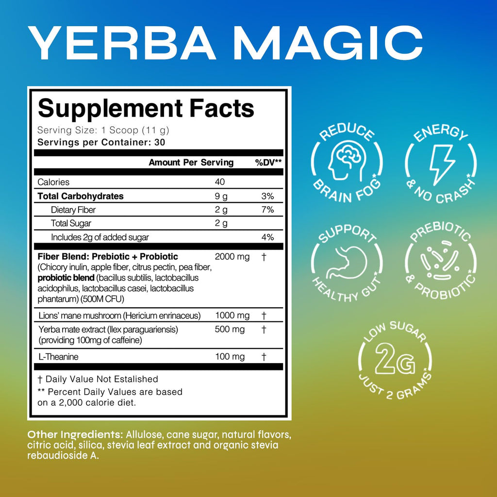 Yerba Mate Instant Powder with Nootropics, Prebiotics & Probiotics – Clean Energy & Mental Clarity, Pina Colada, 30 Servings