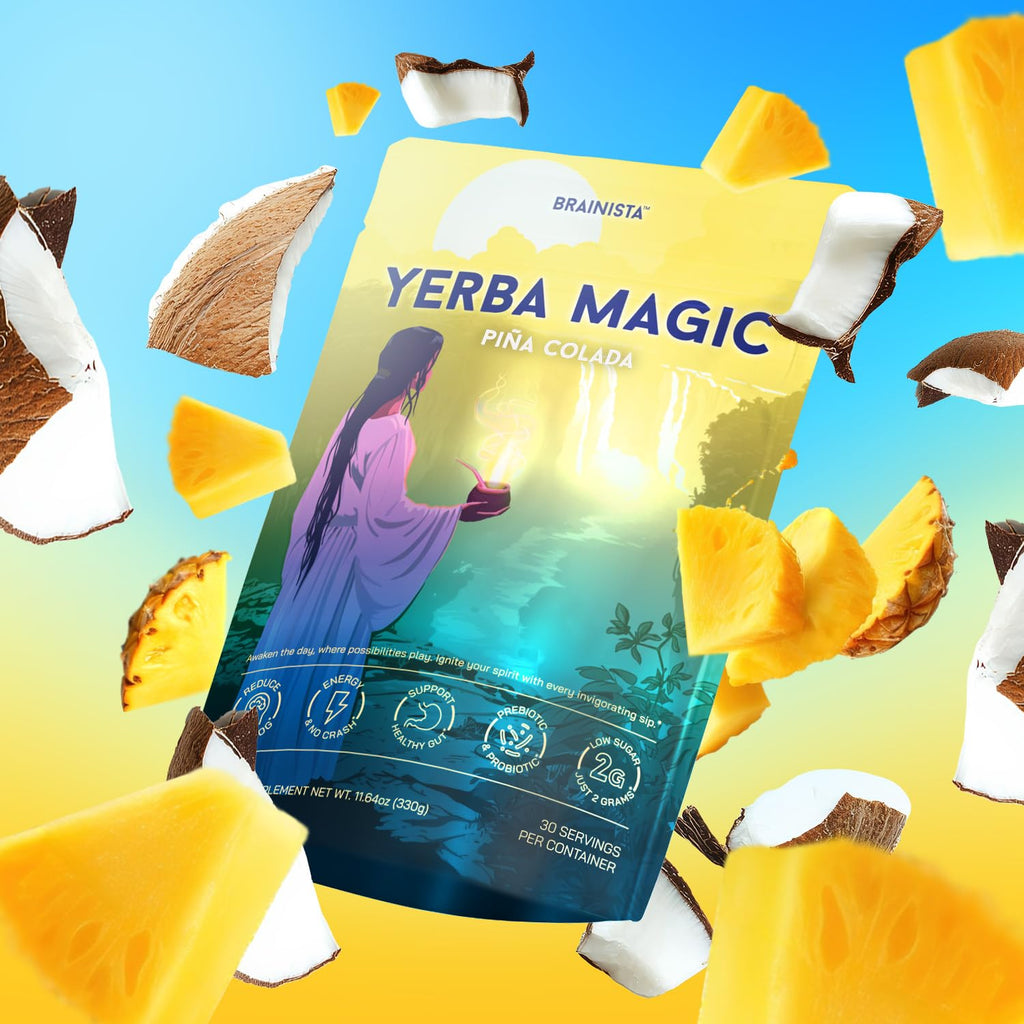 Yerba Mate Instant Powder with Nootropics, Prebiotics & Probiotics – Clean Energy & Mental Clarity, Pina Colada, 30 Servings