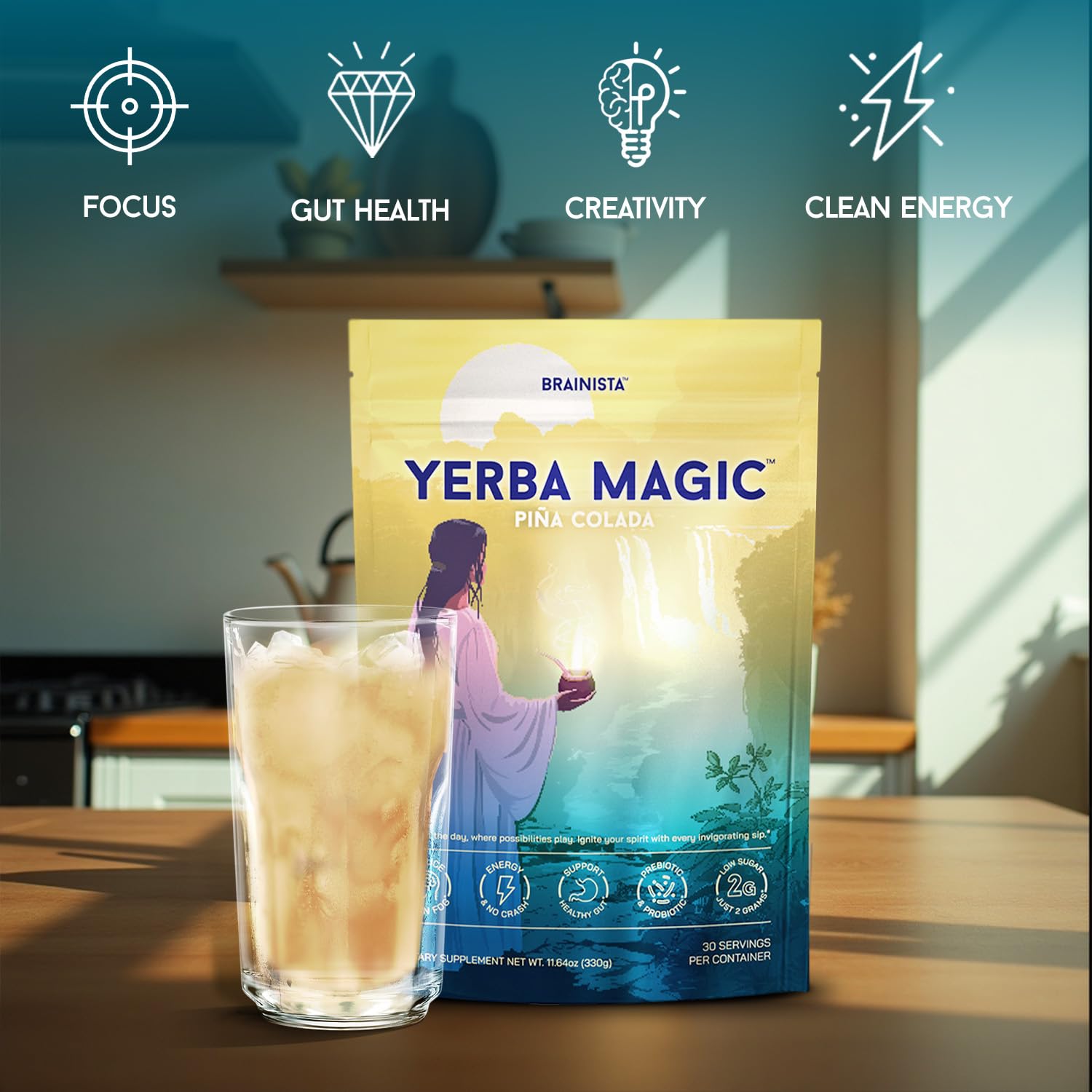 Yerba Mate Instant Powder with Nootropics, Prebiotics & Probiotics – Clean Energy & Mental Clarity, Pina Colada, 30 Servings