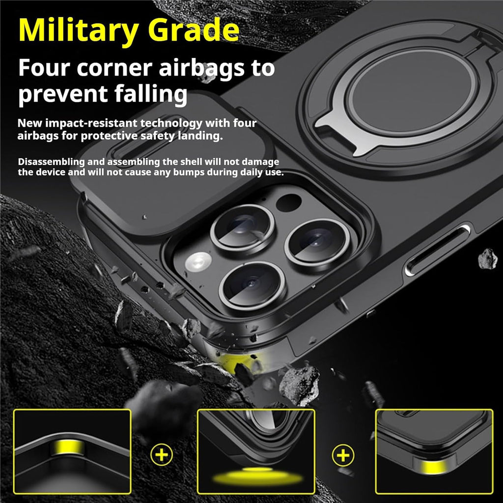 Military-Grade Protective Case with Sliding Camera Cover & Rotatable Kickstand