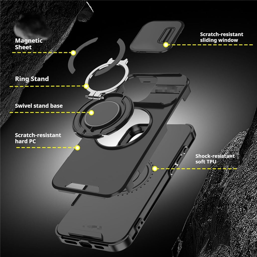 Military-Grade Protective Case with Sliding Camera Cover & Rotatable Kickstand