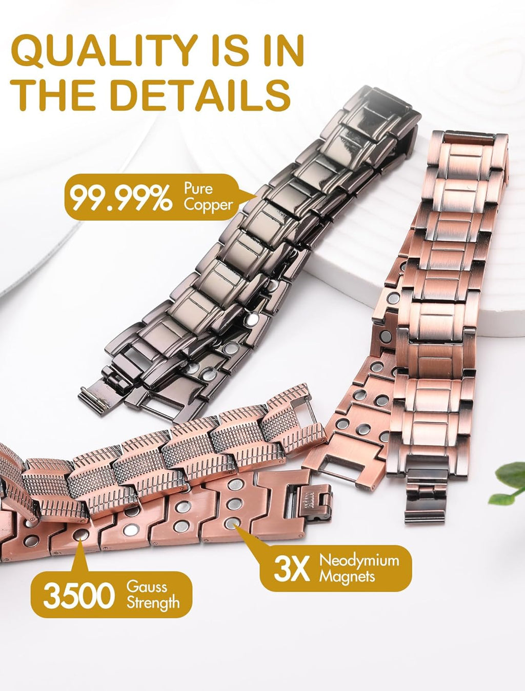 Men's 3X Strength Magnetic Copper Bracelet, 99.99% Pure Copper, Adjustable with Sizing Tool