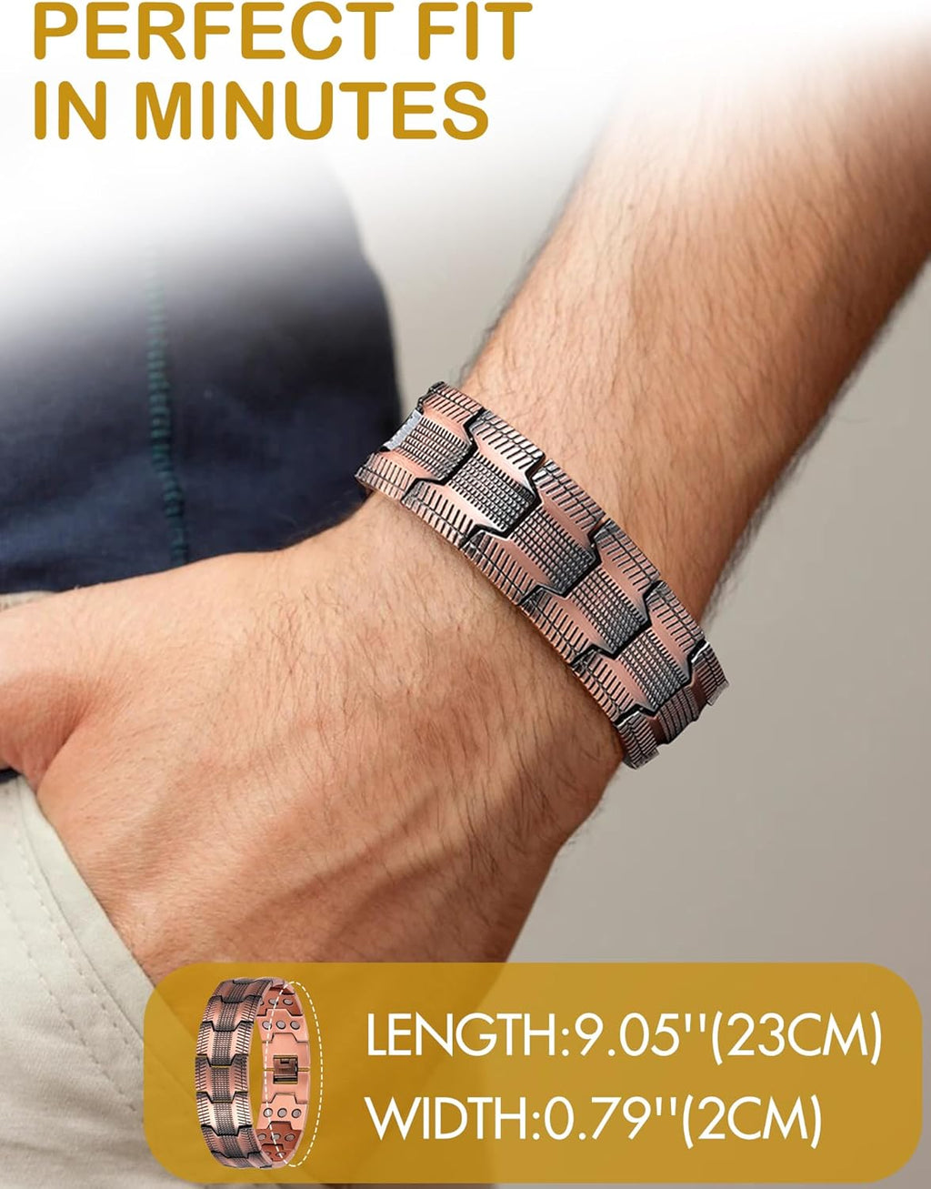 Men's 3X Strength Magnetic Copper Bracelet, 99.99% Pure Copper, Adjustable with Sizing Tool