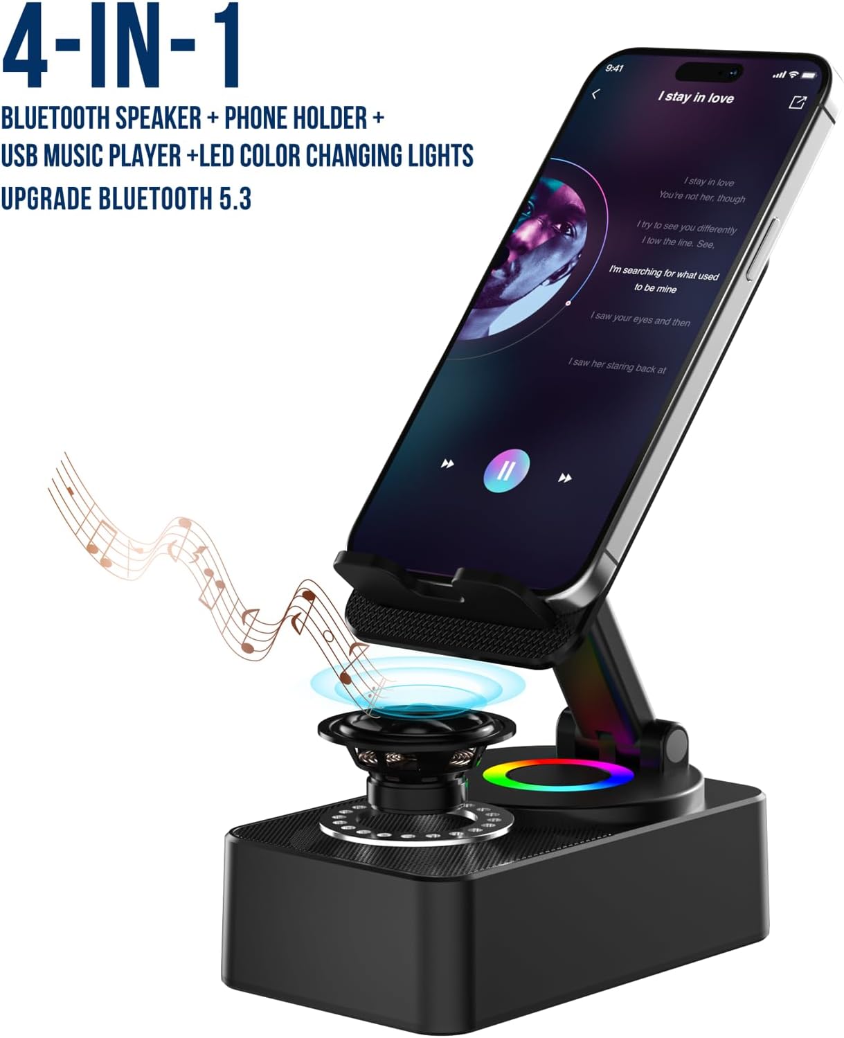 4-in-1 Bluetooth Speaker Phone Stand with LED Lights, Foldable & 360° Rotatable