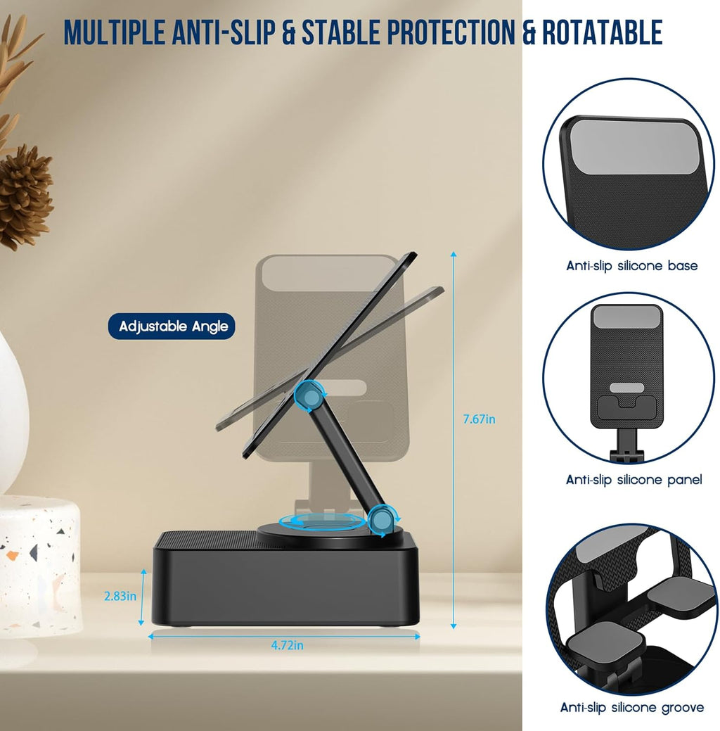 4-in-1 Bluetooth Speaker Phone Stand with LED Lights, Foldable & 360° Rotatable
