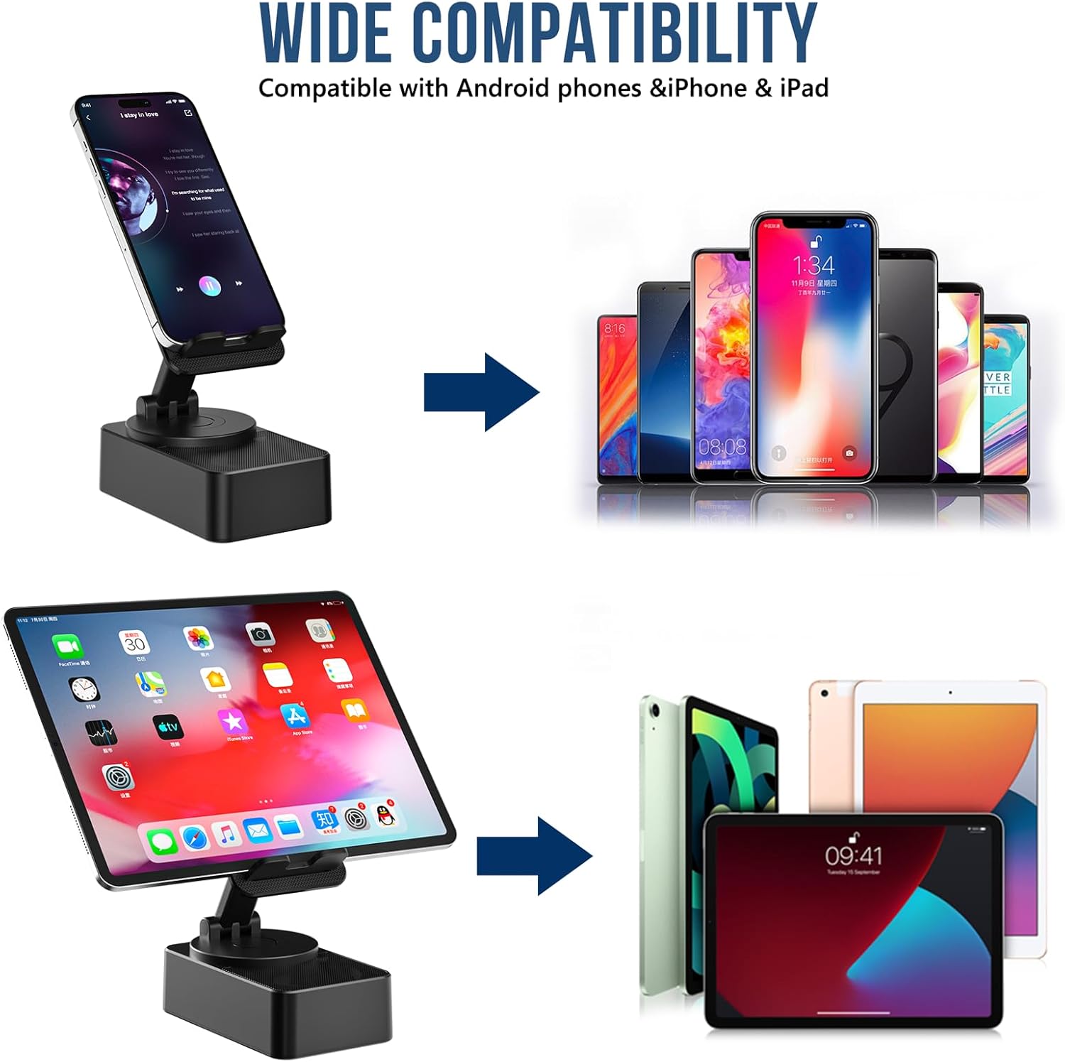 4-in-1 Bluetooth Speaker Phone Stand with LED Lights, Foldable & 360° Rotatable