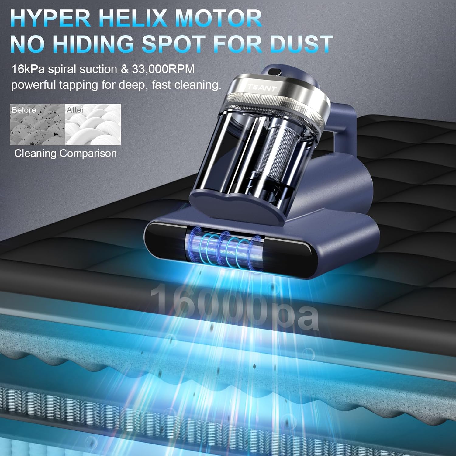Mattress Vacuum Cleaner with UV-C Light, 16kPa Suction & 33000 RPM Tapping, HEPA Filter