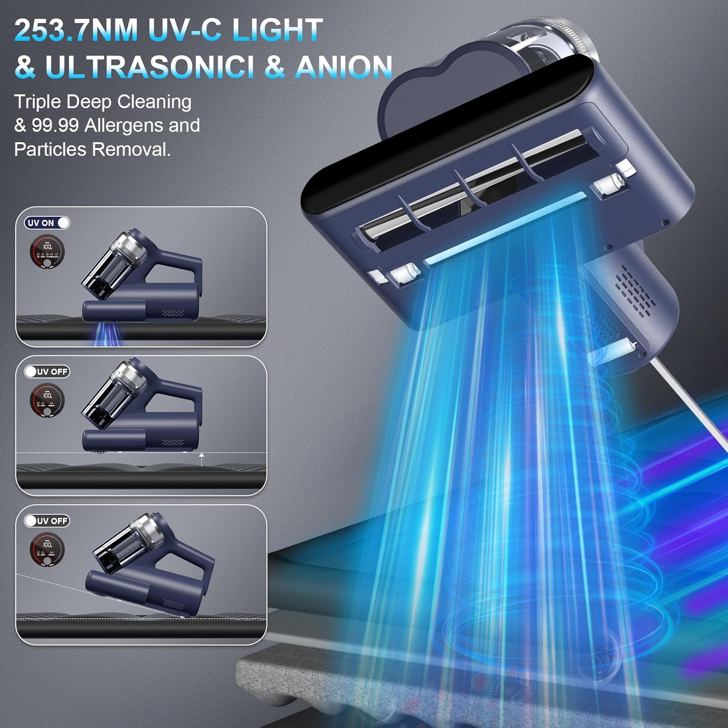 Mattress Vacuum Cleaner with UV-C Light, 16kPa Suction & 33000 RPM Tapping, HEPA Filter