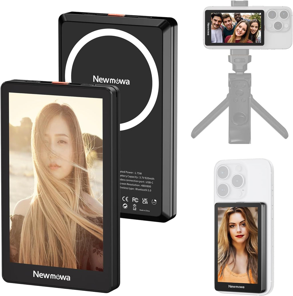 Black Magnetic Phone Vlog Selfie Monitor Screen, 1080P Wireless Recording, Rear Camera Selfie for Live Stream TikTok