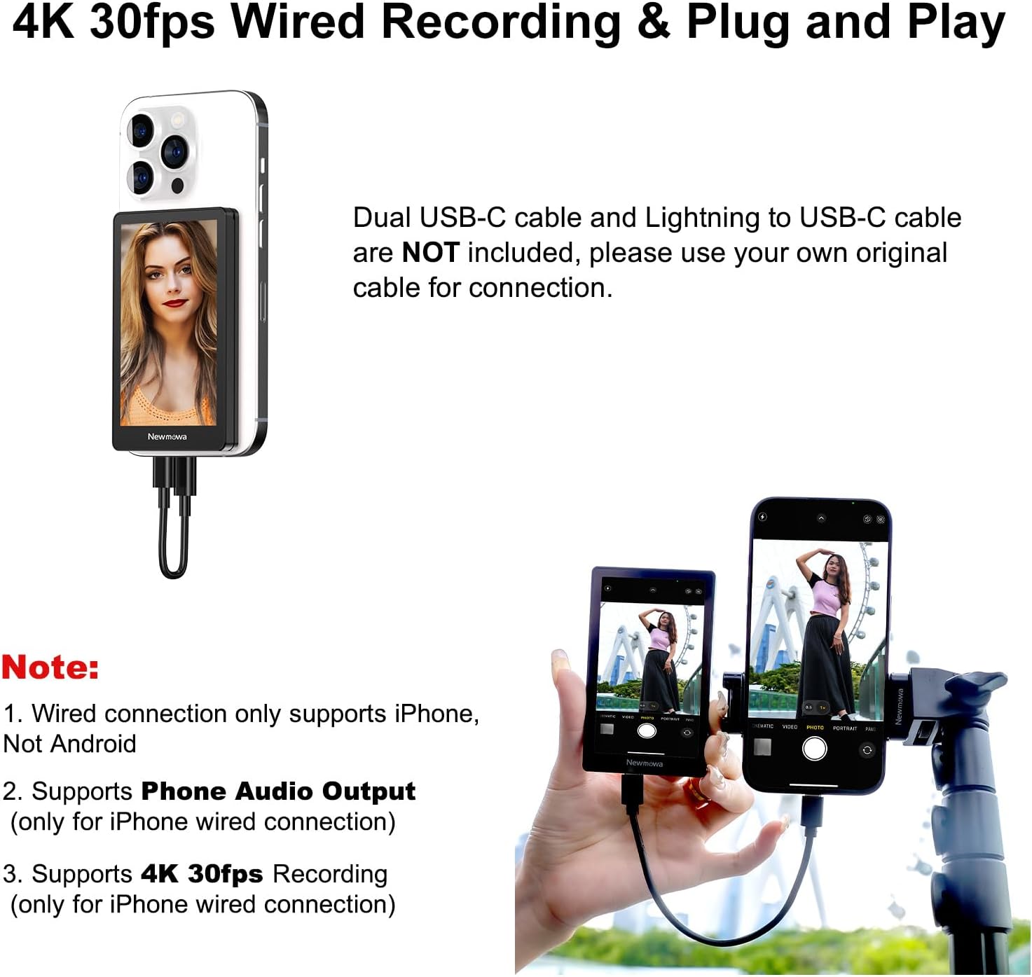 Black Magnetic Phone Vlog Selfie Monitor Screen, 1080P Wireless Recording, Rear Camera Selfie for Live Stream TikTok