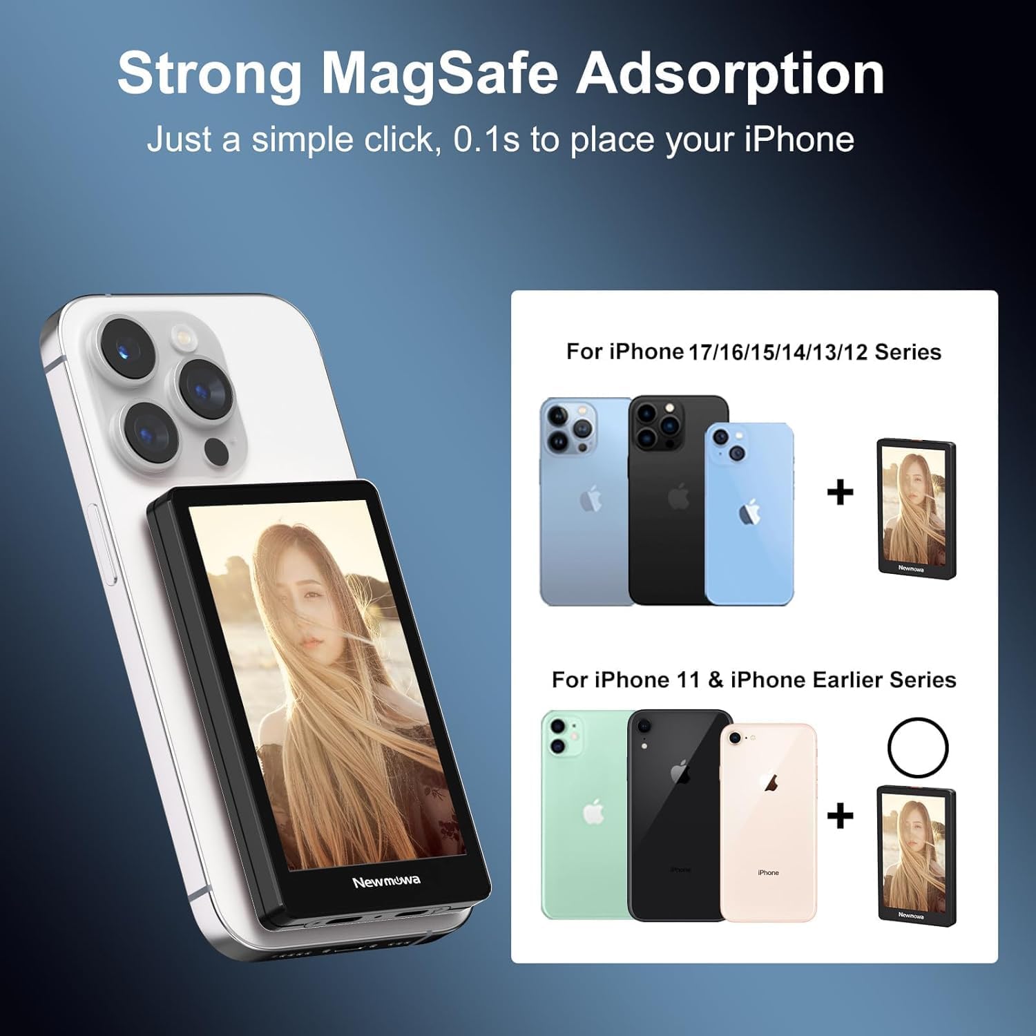 Black Magnetic Phone Vlog Selfie Monitor Screen, 1080P Wireless Recording, Rear Camera Selfie for Live Stream TikTok