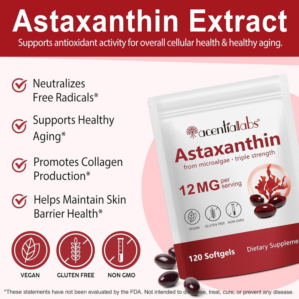12mg Astaxanthin Softgels - Natural Antioxidant for Eye, Joint & Skin Health | 4 Month Supply