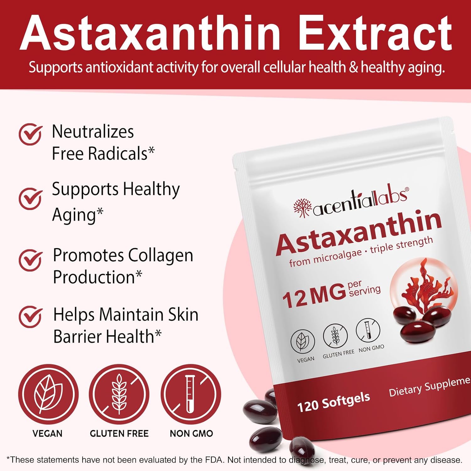 12mg Astaxanthin Softgels - Natural Antioxidant for Eye, Joint & Skin Health | 4 Month Supply