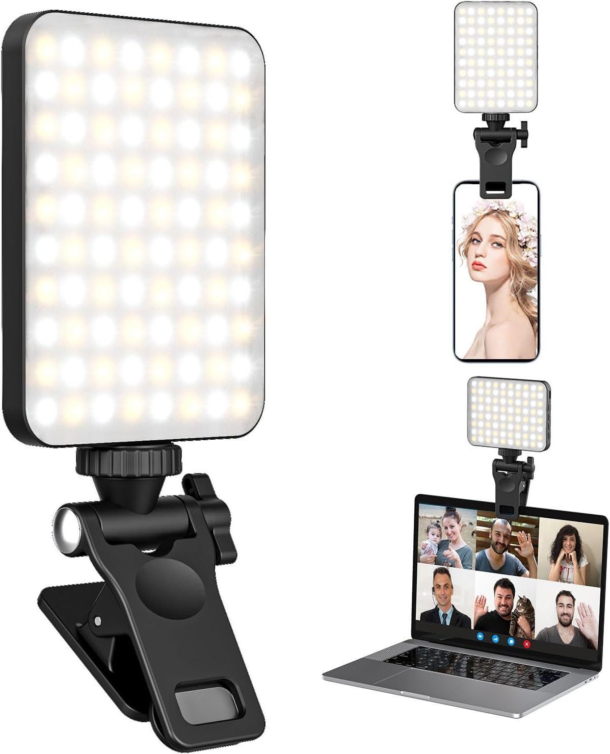 Rechargeable Clip-On Selfie Light with 3 Modes, 10 Brightness Levels, 2000mAh Battery