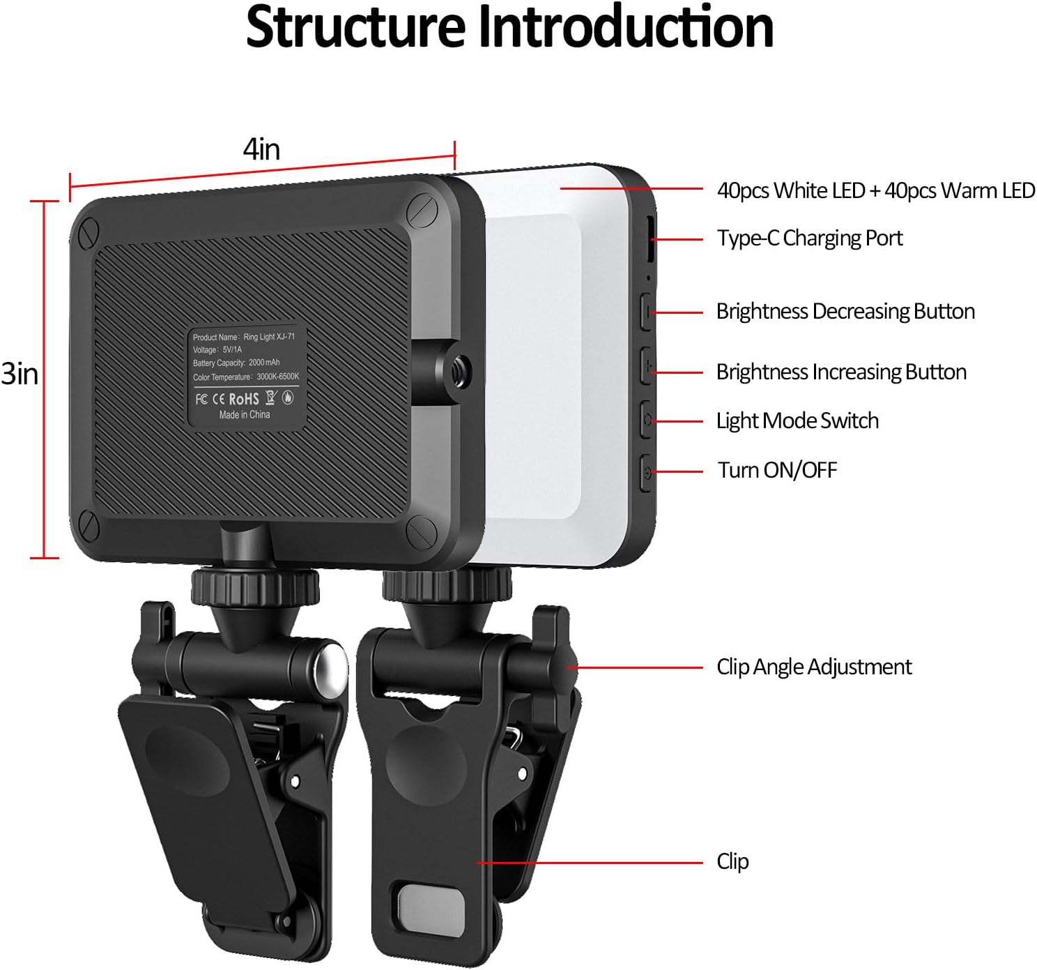 Rechargeable Clip-On Selfie Light with 3 Modes, 10 Brightness Levels, 2000mAh Battery