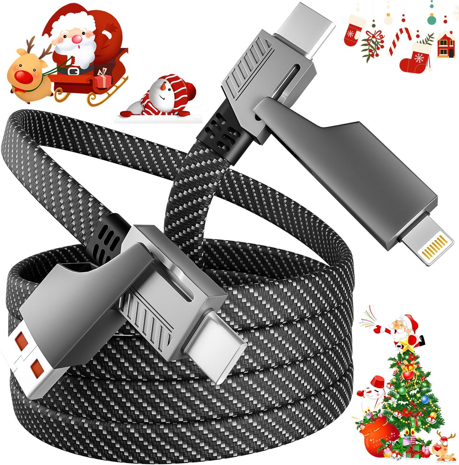 65W 4-in-1 Fast Charging Cable with E-Mark Chip, Multi-Port USB C Cable for Phones & Tablets