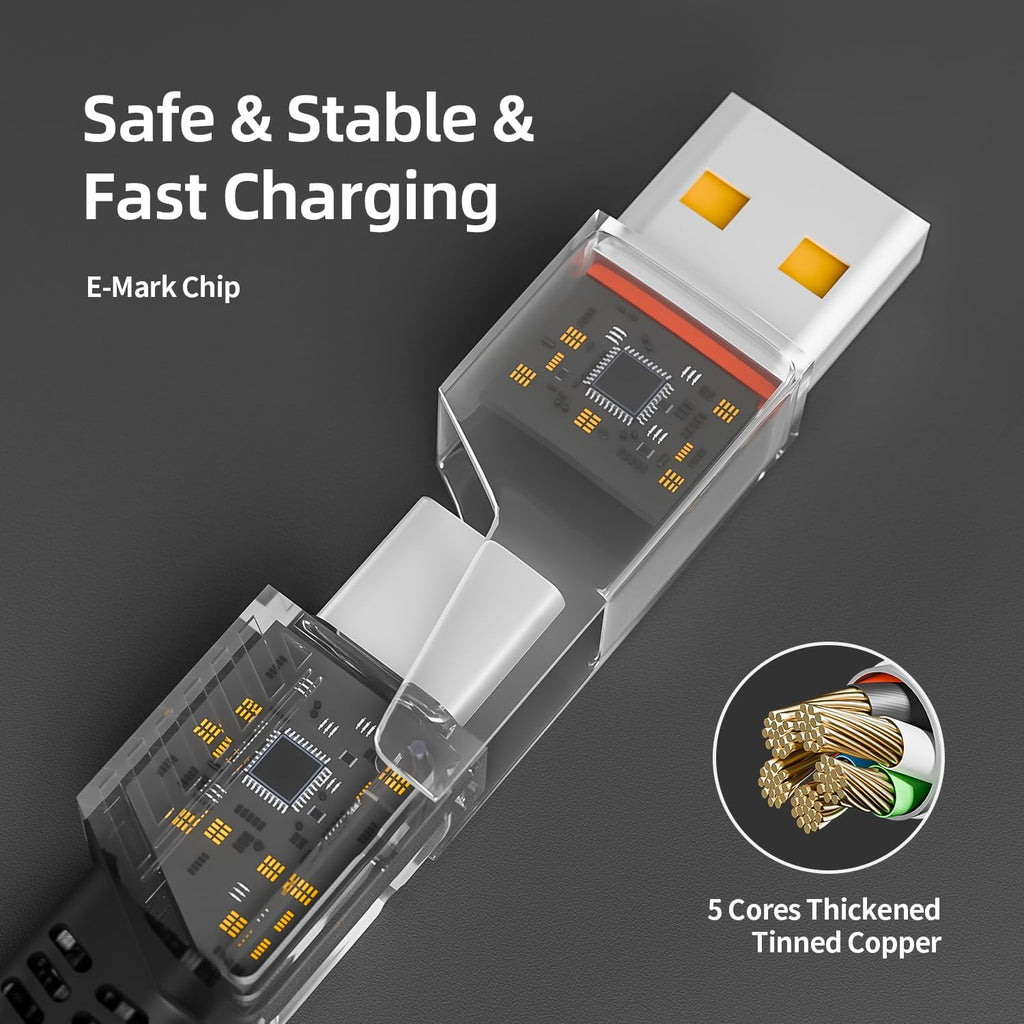 65W 4-in-1 Fast Charging Cable with E-Mark Chip, Multi-Port USB C Cable for Phones & Tablets