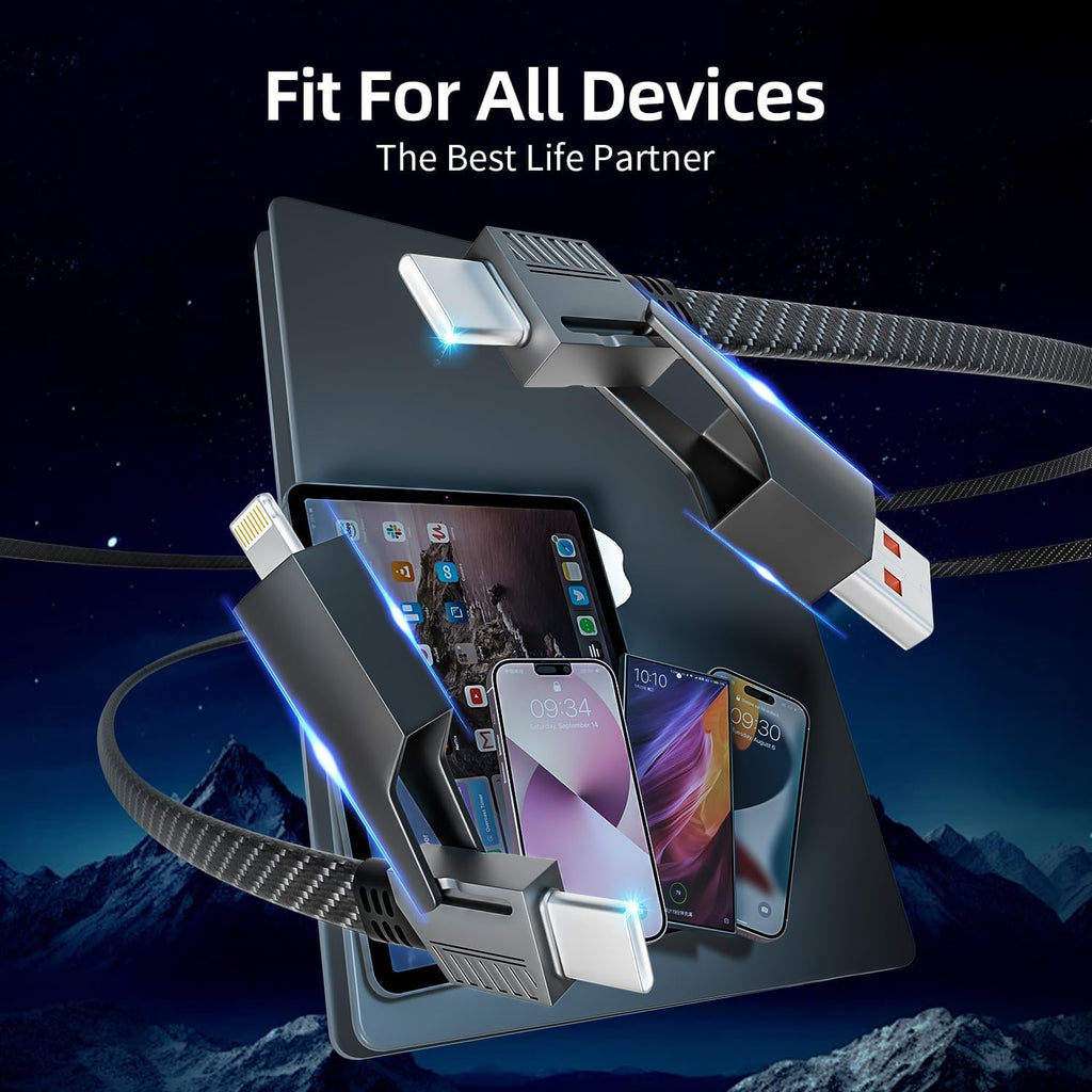 65W 4-in-1 Fast Charging Cable with E-Mark Chip, Multi-Port USB C Cable for Phones & Tablets