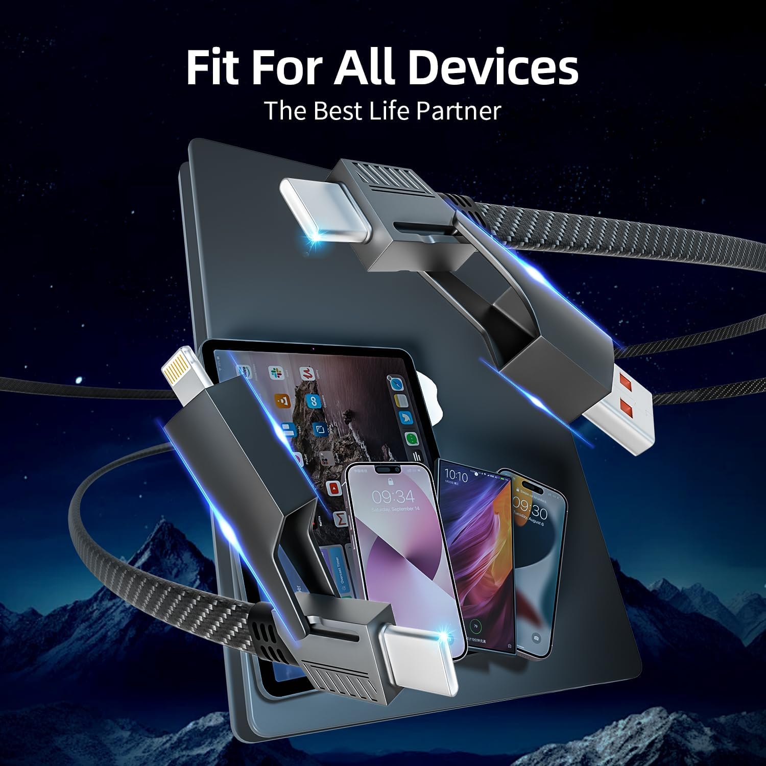 65W 4-in-1 Fast Charging Cable with E-Mark Chip, Multi-Port USB C Cable for Phones & Tablets