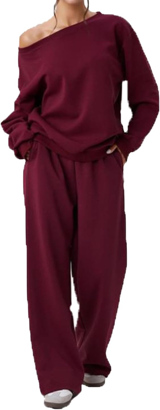 Off-Shoulder Sweatsuit Set for Women - Long Sleeve Top & Wide Leg Jogging Pants