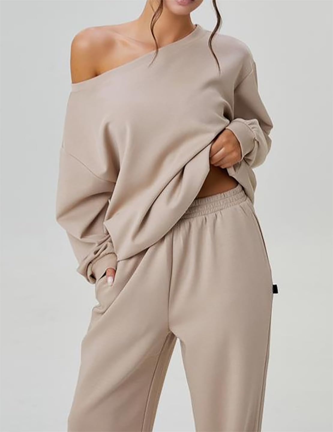 Off-Shoulder Sweatsuit Set for Women - Long Sleeve Top & Wide Leg Jogging Pants