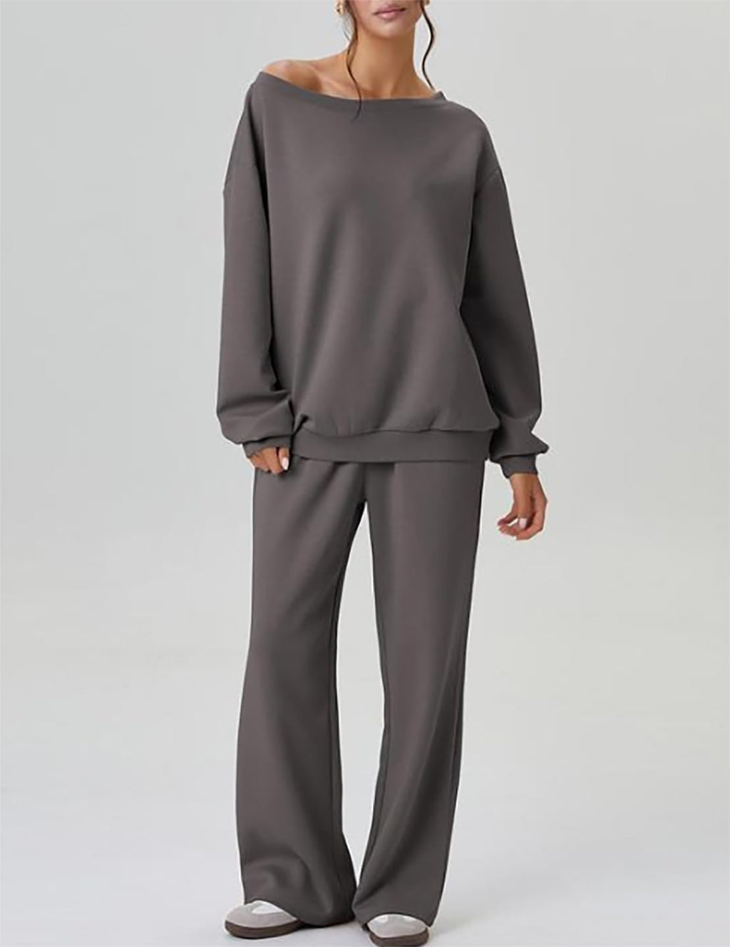 Off-Shoulder Sweatsuit Set for Women - Long Sleeve Top & Wide Leg Jogging Pants