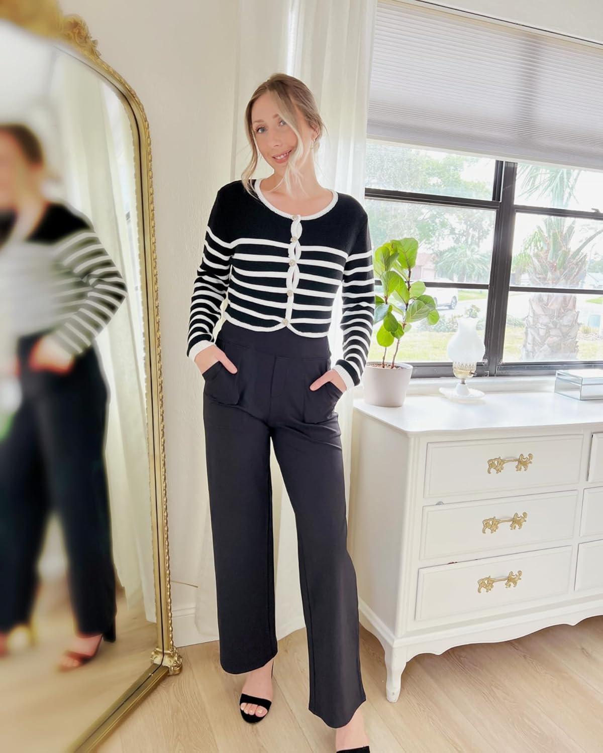 Women's High-Waist Wide Leg Yoga Pants with Pockets - Stretch Dress Sweatpants