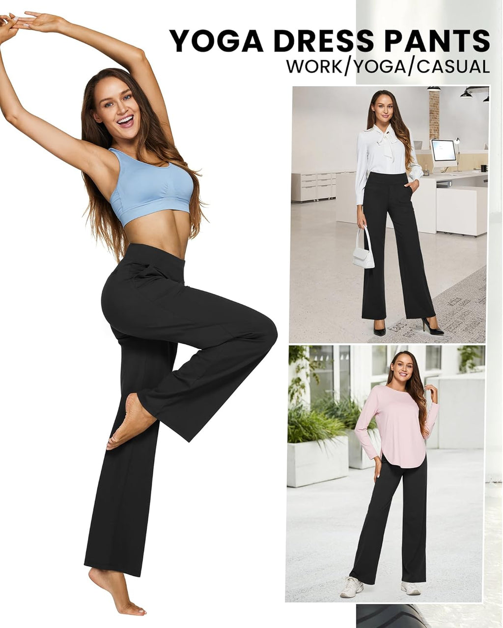 Women's High-Waist Wide Leg Yoga Pants with Pockets - Stretch Dress Sweatpants