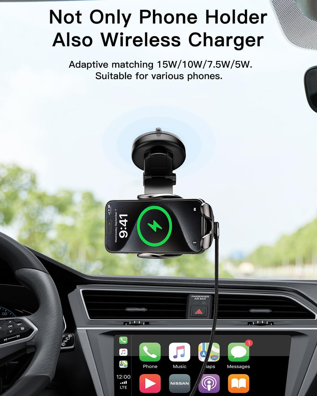 15W Fast Wireless Car Charger Mount with Auto Clamping and 360° Rotation