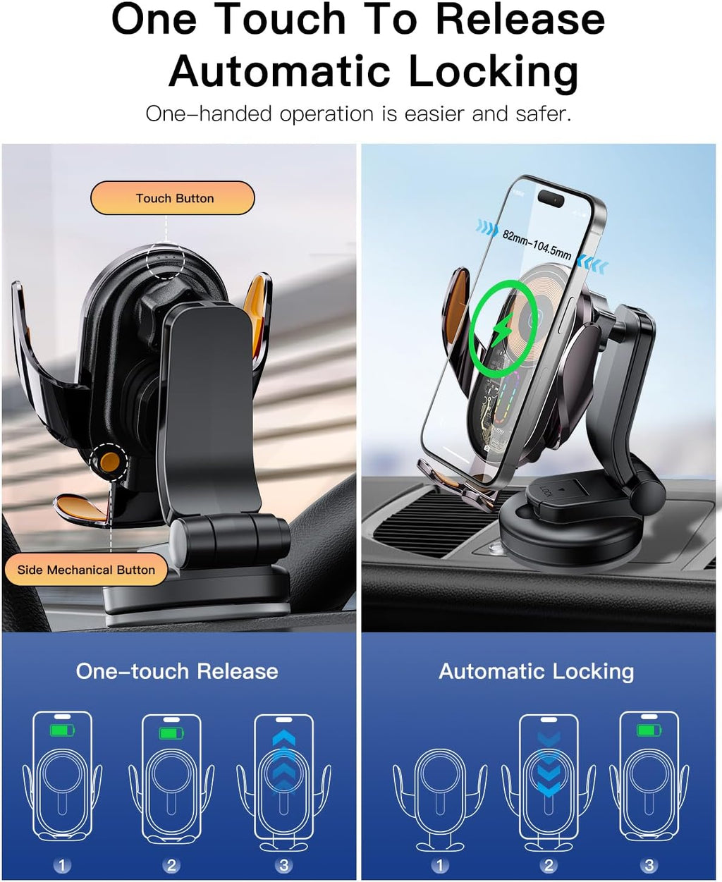 15W Fast Wireless Car Charger Mount with Auto Clamping and 360° Rotation