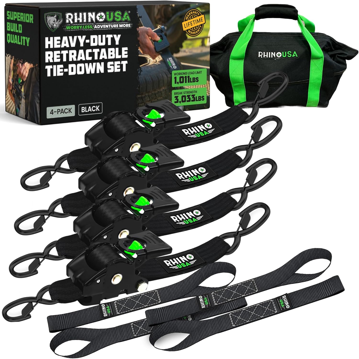 4-Pack Retractable Ratchet Straps - 2" x 10' Heavy Duty Auto Retracting Tie Downs (3,033lb Strength)