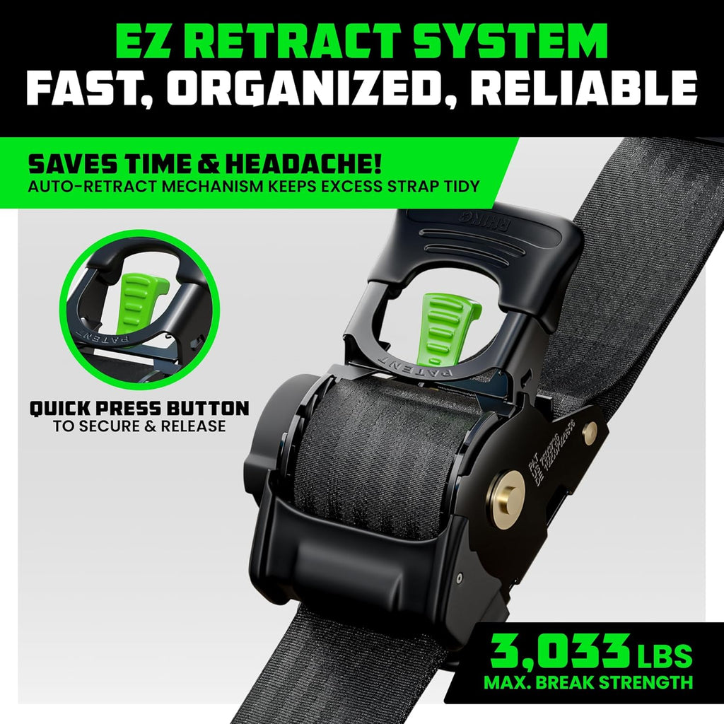 4-Pack Retractable Ratchet Straps - 2" x 10' Heavy Duty Auto Retracting Tie Downs (3,033lb Strength)