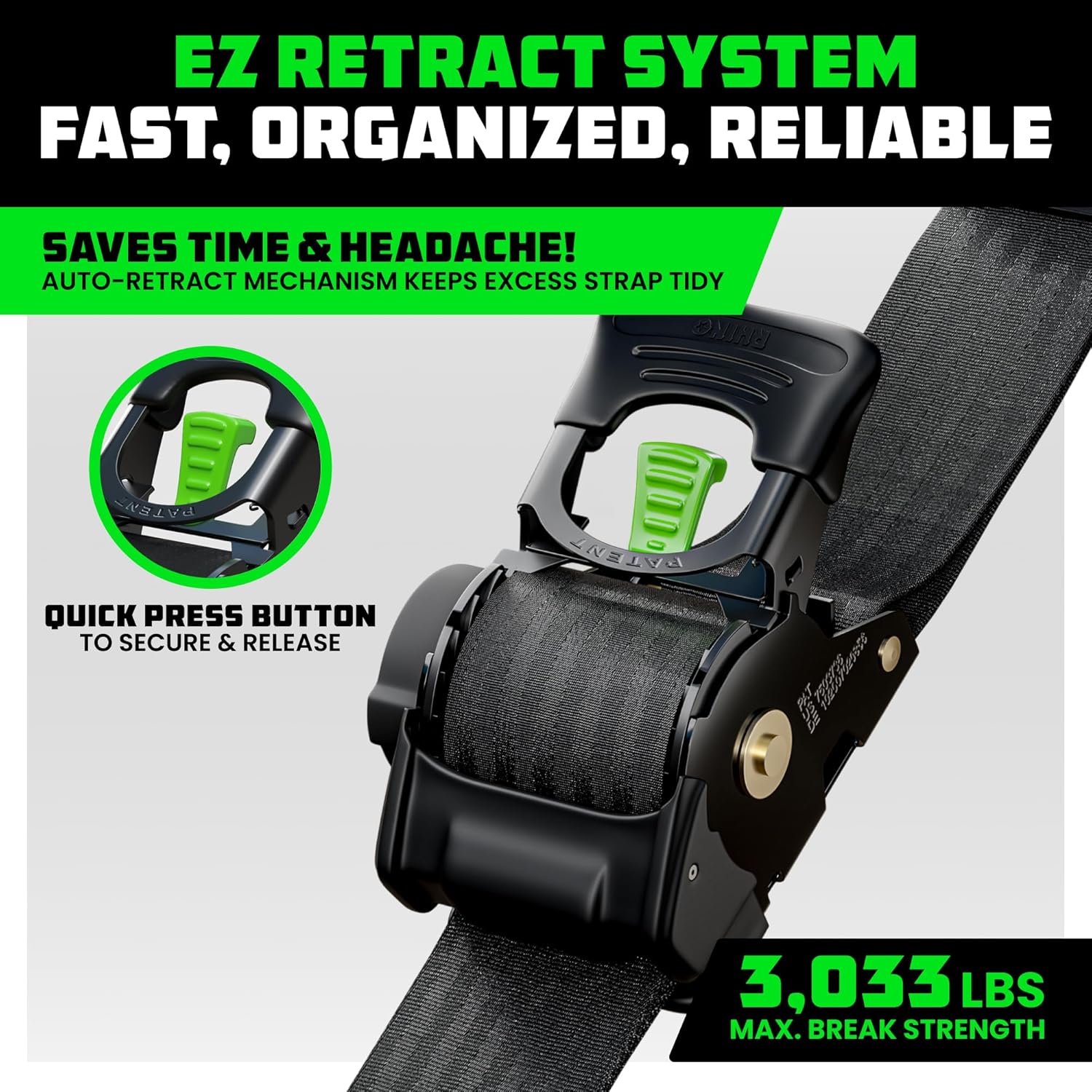 4-Pack Retractable Ratchet Straps - 2" x 10' Heavy Duty Auto Retracting Tie Downs (3,033lb Strength)