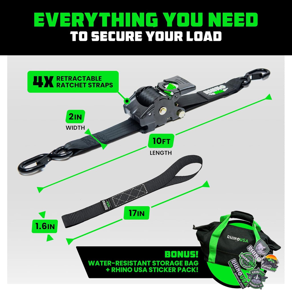 4-Pack Retractable Ratchet Straps - 2" x 10' Heavy Duty Auto Retracting Tie Downs (3,033lb Strength)