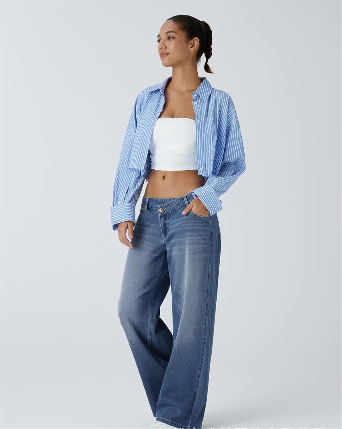 Asymmetrical Low-Rise Loose Jeans for Women, Wide Leg Baggy Straight Denim Pants