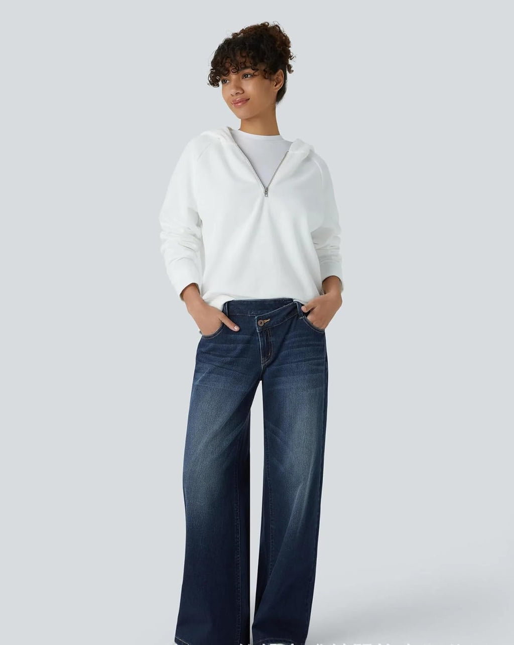Asymmetrical Low-Rise Loose Jeans for Women, Wide Leg Baggy Straight Denim Pants
