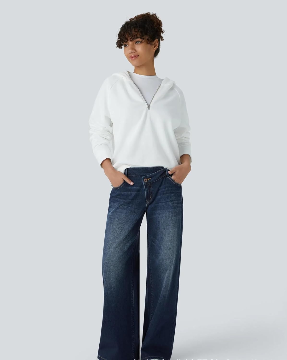Asymmetrical Low-Rise Loose Jeans for Women, Wide Leg Baggy Straight Denim Pants