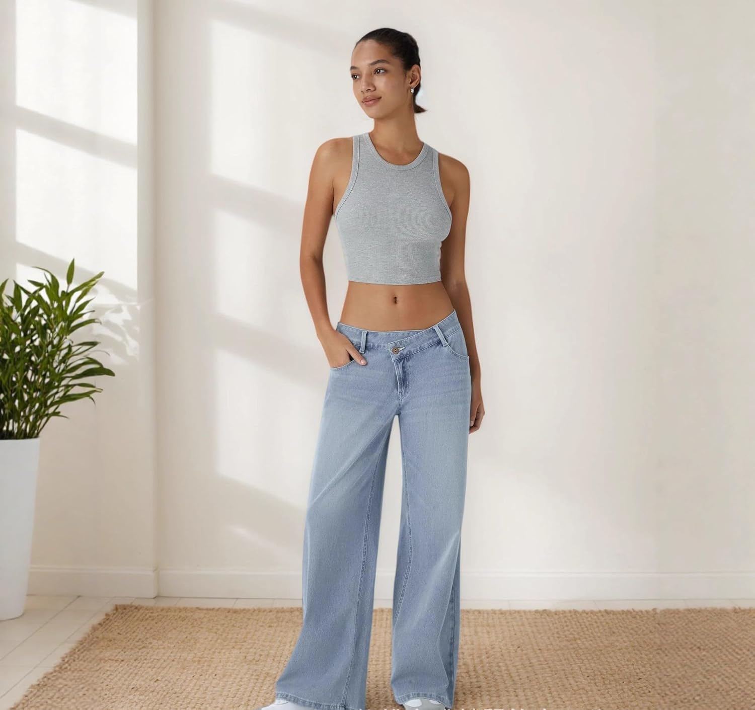 Asymmetrical Low-Rise Loose Jeans for Women, Wide Leg Baggy Straight Denim Pants