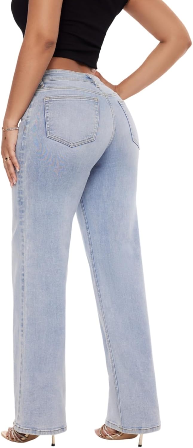 Mid-Low Rise Baggy Jeans for Women - Distressed Wide Leg Stretchy Pants