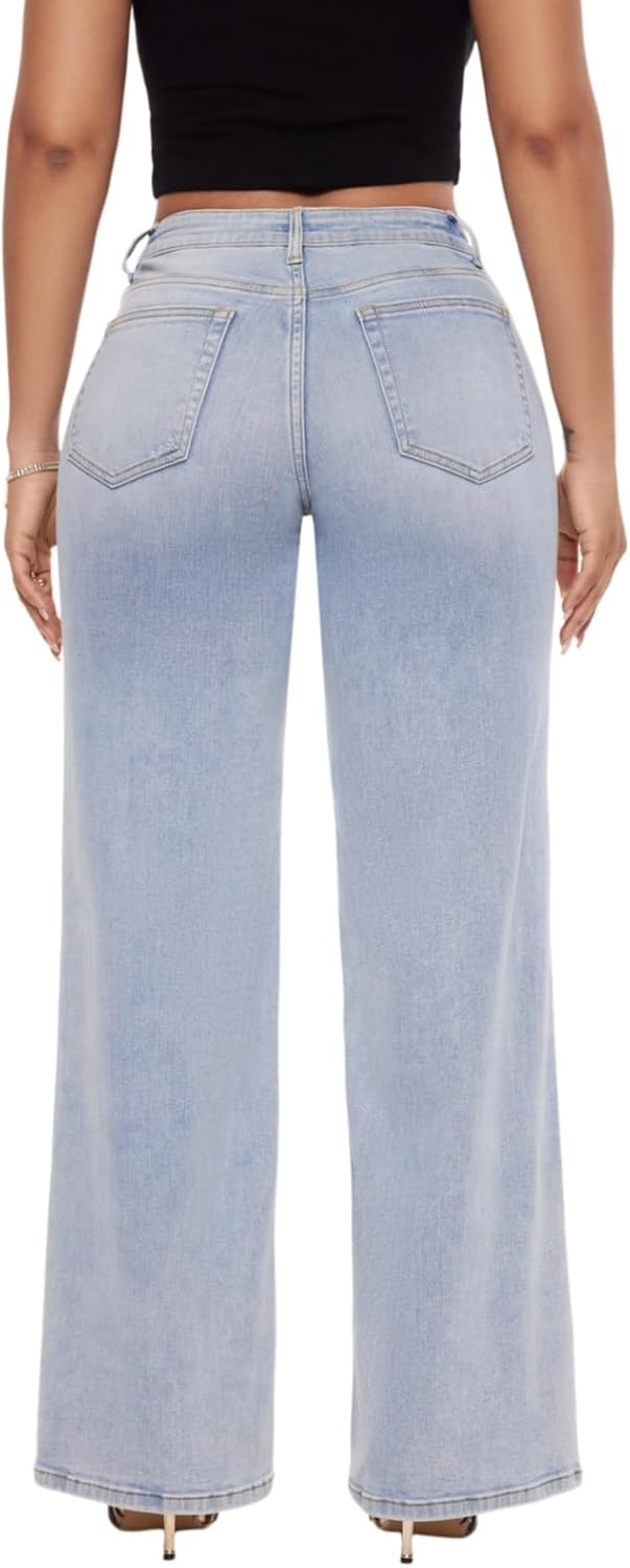 Mid-Low Rise Baggy Jeans for Women - Distressed Wide Leg Stretchy Pants