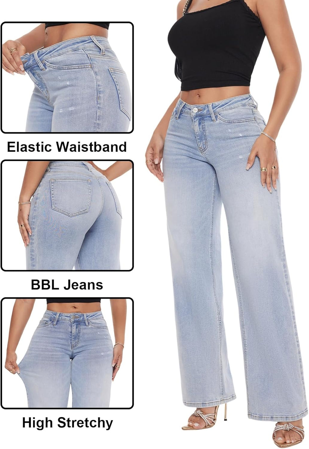 Mid-Low Rise Baggy Jeans for Women - Distressed Wide Leg Stretchy Pants