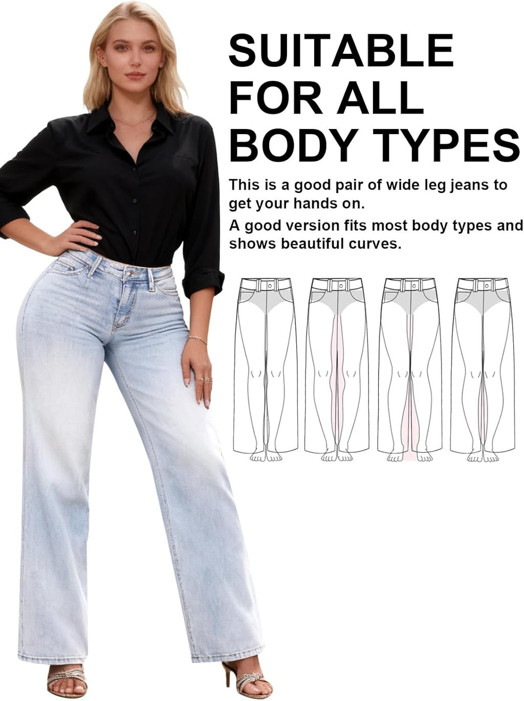 Mid-Low Rise Baggy Jeans for Women - Distressed Wide Leg Stretchy Pants
