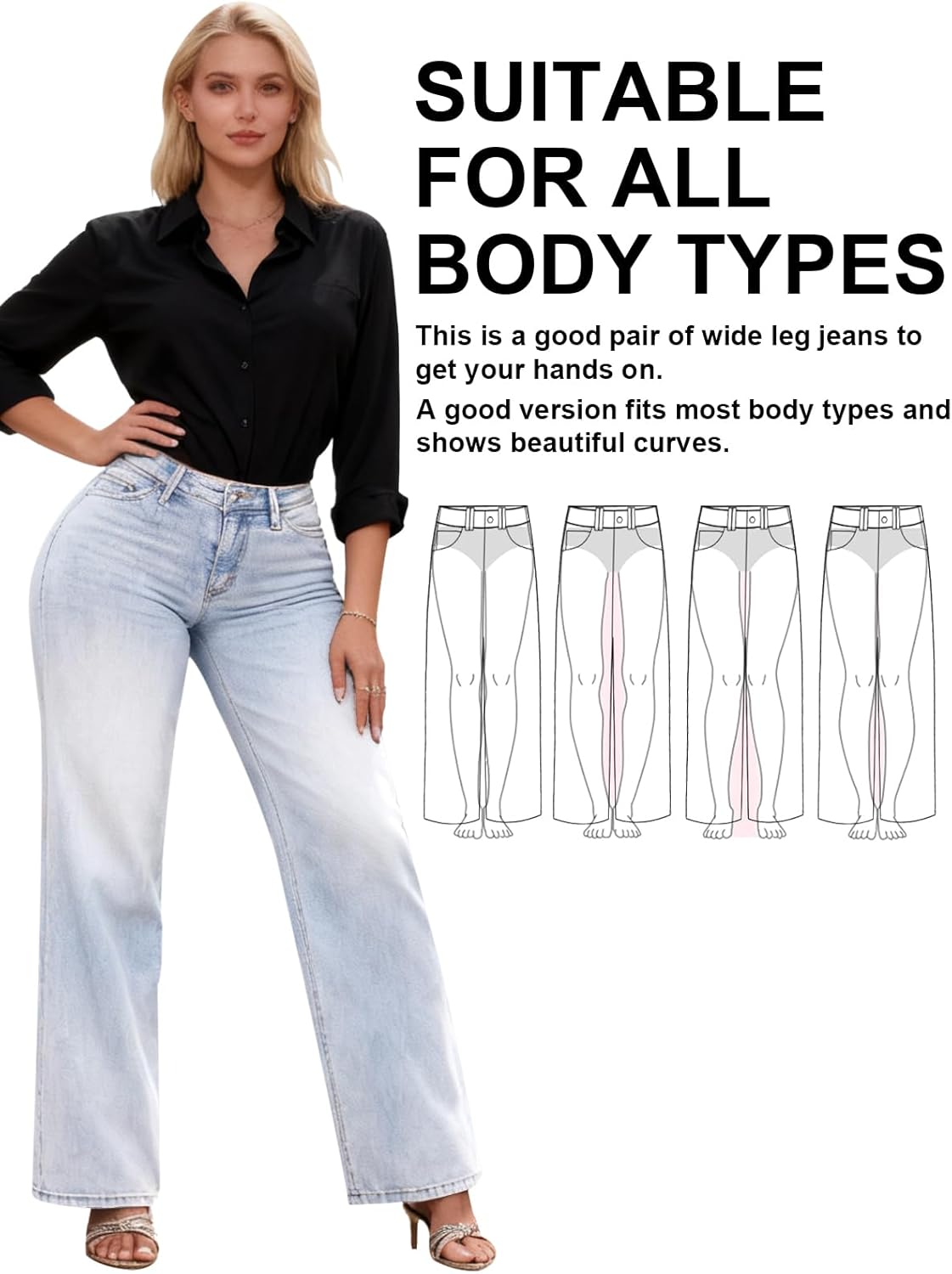 Mid-Low Rise Baggy Jeans for Women - Distressed Wide Leg Stretchy Pants