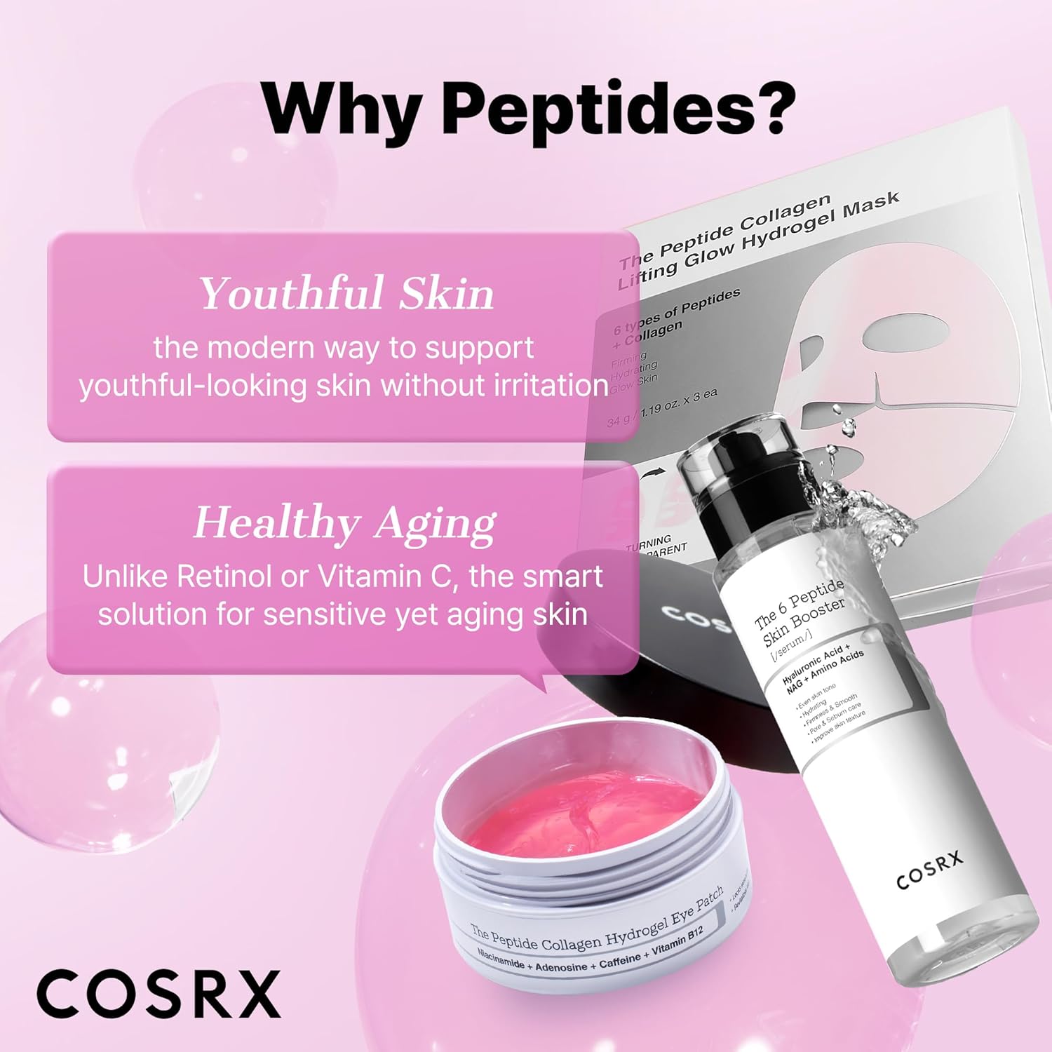 Pink Peptides Collagen Hydrogel Eye Patches for Puffy Eyes and Dark Circles, 60 Count
