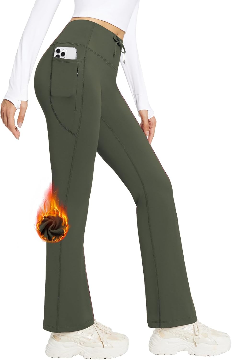Women's Fleece Lined Bootcut Flare Leggings with Zip Pockets for Cold Weather