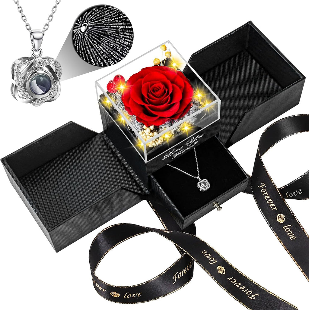 Preserved Red Rose with I Love You Necklace - Eternal Flower Gift for Women