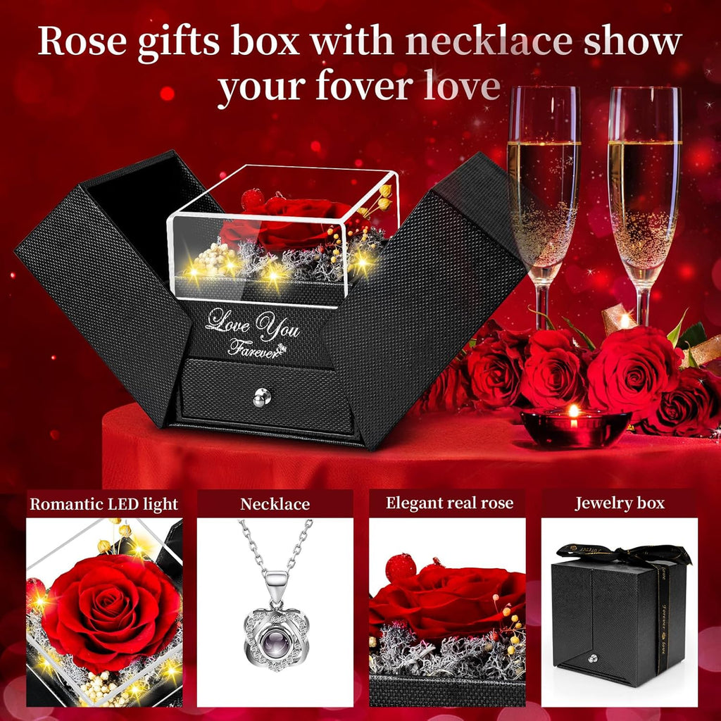 Preserved Red Rose with I Love You Necklace - Eternal Flower Gift for Women