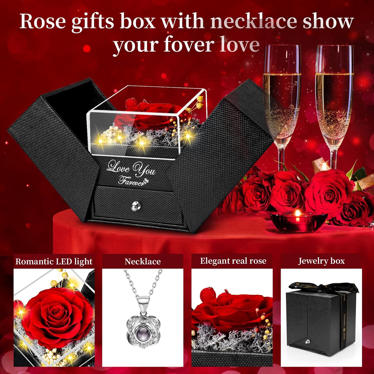 Preserved Red Rose with I Love You Necklace - Eternal Flower Gift for Women
