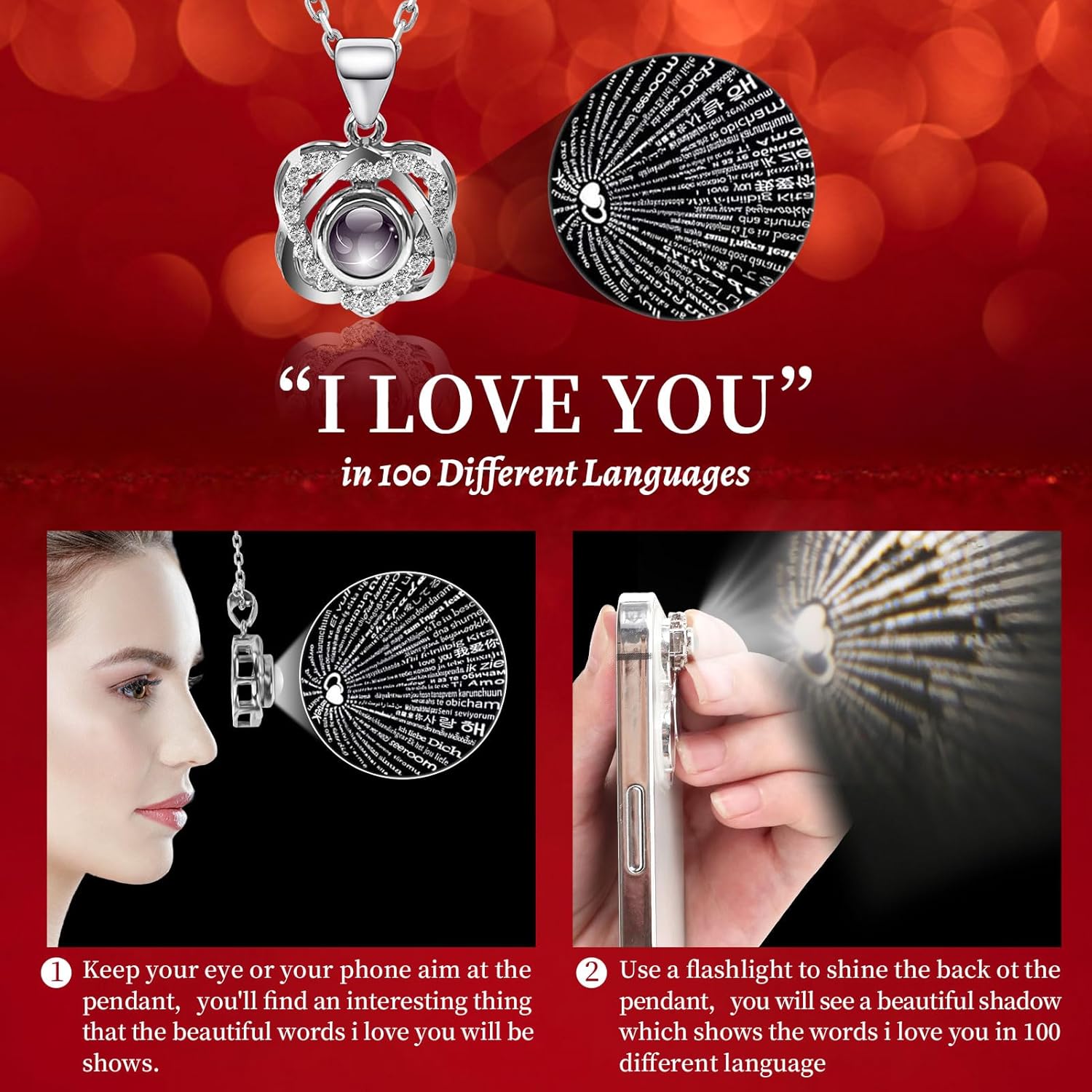 Preserved Red Rose with I Love You Necklace - Eternal Flower Gift for Women